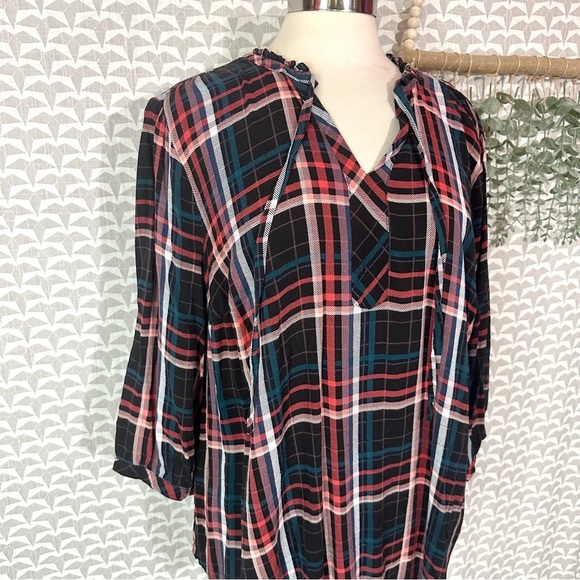 Torrid Plaid Rayon Twill Tie Neck Peasant Top Shirt Black Womens Plus Size 2X 2 - Picture 9 of 15